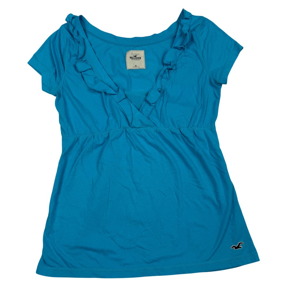 VTG Y 2K Hollister Ruffle V-Neck Babydoll Top Blue Short Sleeve Size M Logo